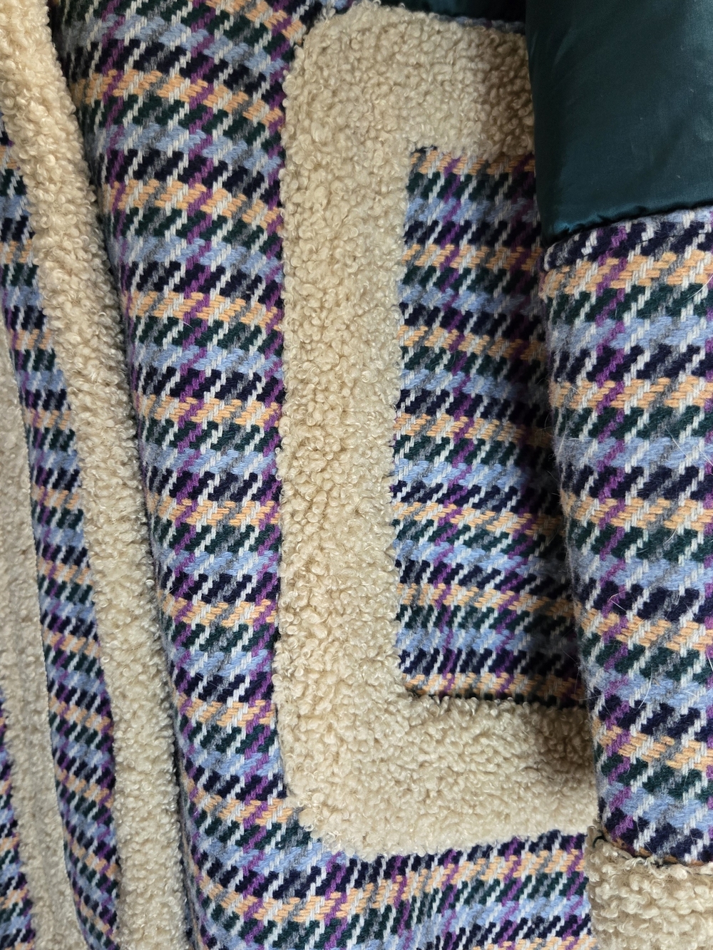 Sam Edelman Teal Puffer Coat with Cream Sherpa and Multicolor Houndstooth - Picture 3 of 7